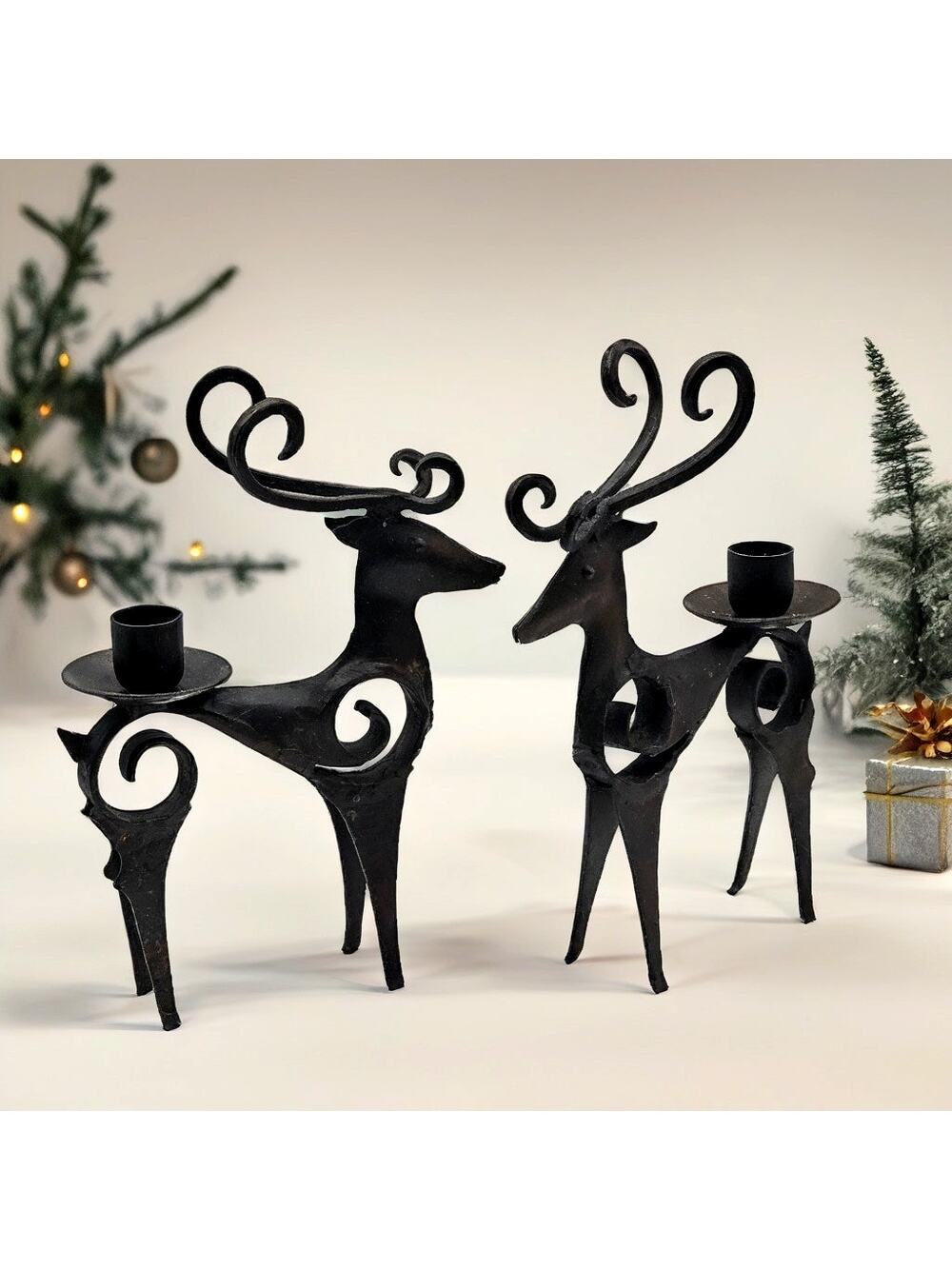 Vintage Black Metal Deer Candle Holders Pair Rustic Holiday Decor